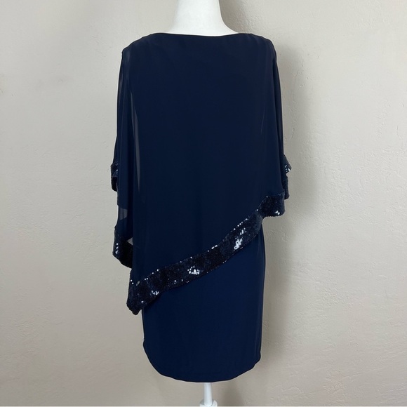 Xscape Blue Asymmetric Sheer Sequin Trim Overlay Sheath Dress Size 2 Petite - Picture 6 of 10